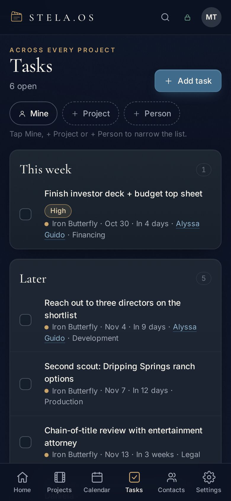 The Tasks page in Stela
