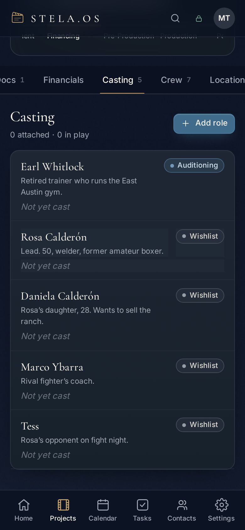 The crew list for a project in Stela